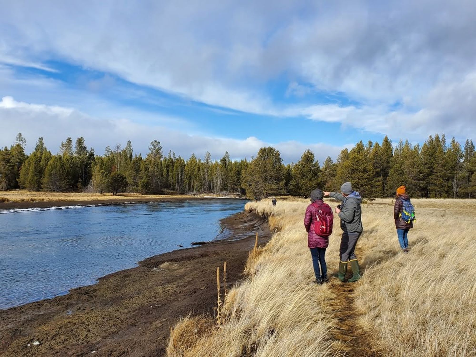 Three people walk along a grassy riverside trail, surrounded by golden fields and evergreen trees under a crisp blue sky. A peaceful scene capturing the beauty of nature and the joy of exploring the great outdoors.