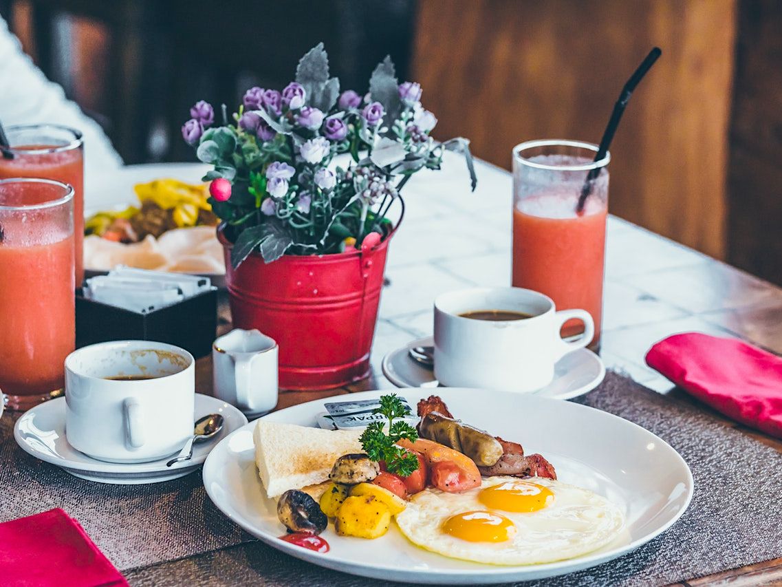 View of Breakfast, Smoothies, Coffee and Flowers at The Victorian Cafe in Bend, OR