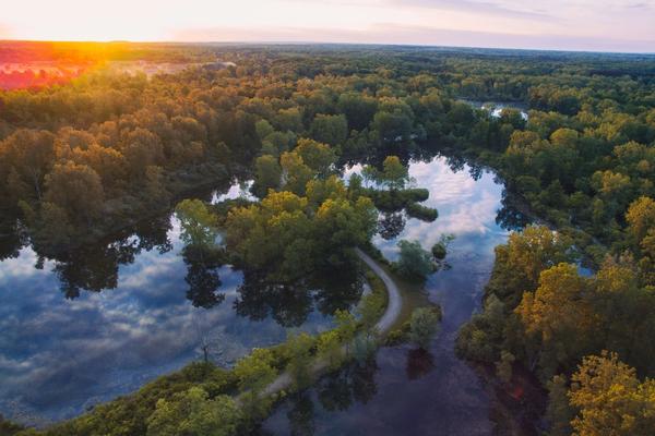Peaceful aerial view of a forest trail winding through still lakes at sunset, with golden trees reflecting in the water. A dreamy Southwest Michigan landscape perfect for morning walks with your pup or quiet moments in nature.