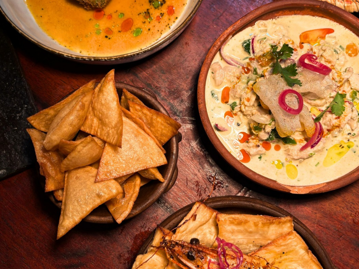 Overhead view of a colorful spread featuring a bowl of creamy seafood ceviche, a plate of crispy tortilla chips, and other vibrant small plates on a rustic wooden table
