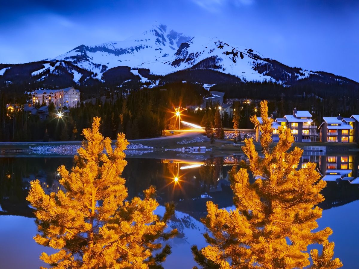 View of lake and Big Sky Resort in Montana on a winter night