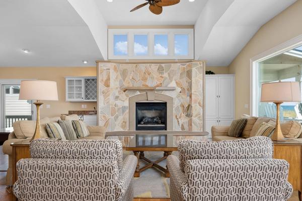 Outer Banks vacation rental living room with fireplace