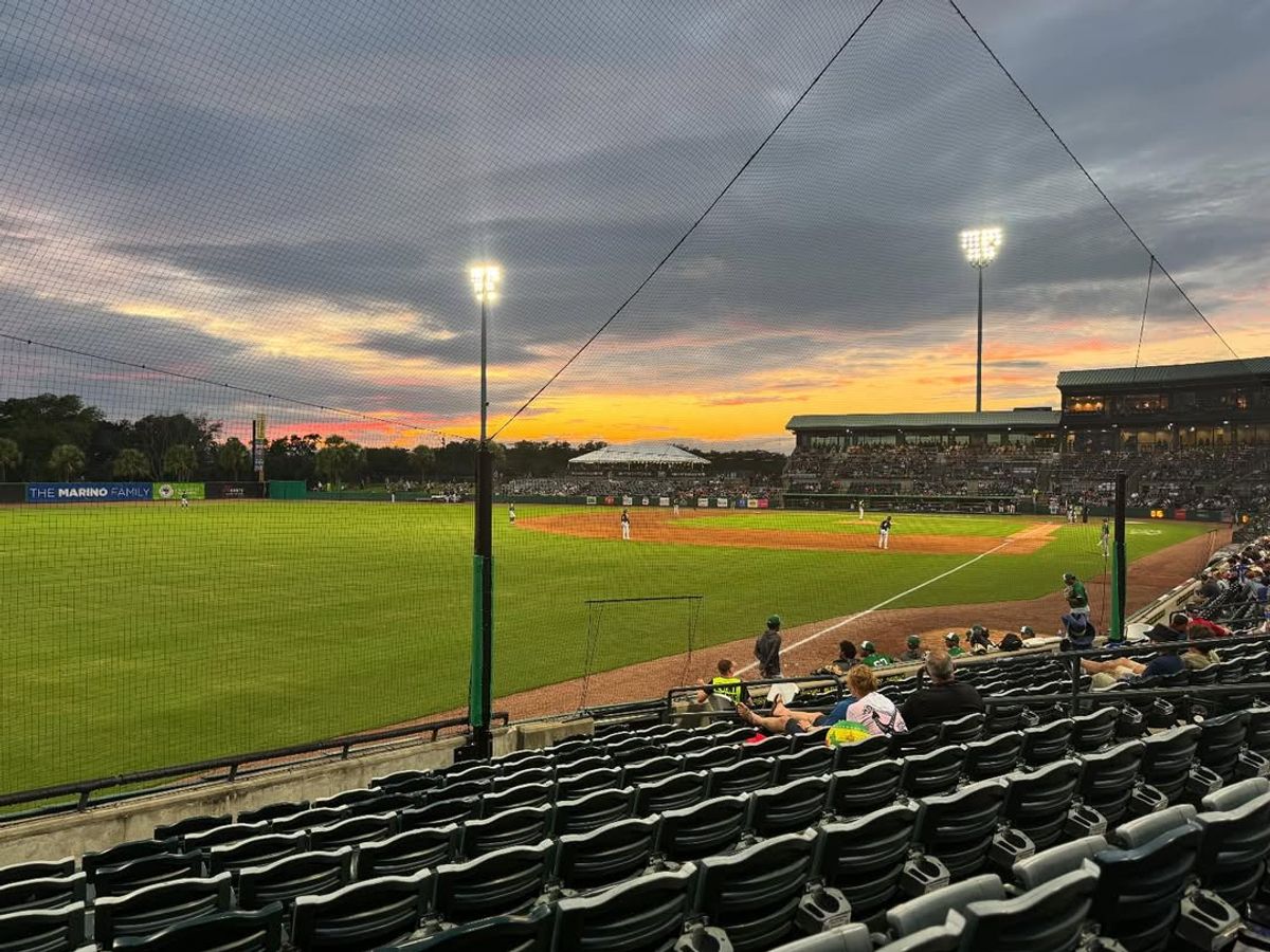 Fans gather at a Charleston RiverDogs baseball game as the sun sets behind the stadium. The ballpark lights shine bright, creating the perfect mix of sports and Southern summer charm.