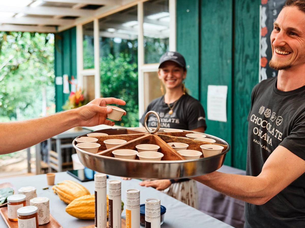 A smiling Lydgate Farms guide offers chocolate tasting samples to visitors on a farm tour in Kauai, Hawaii, with fresh cacao pods and Chocolate Ohana branded products displayed on the table.