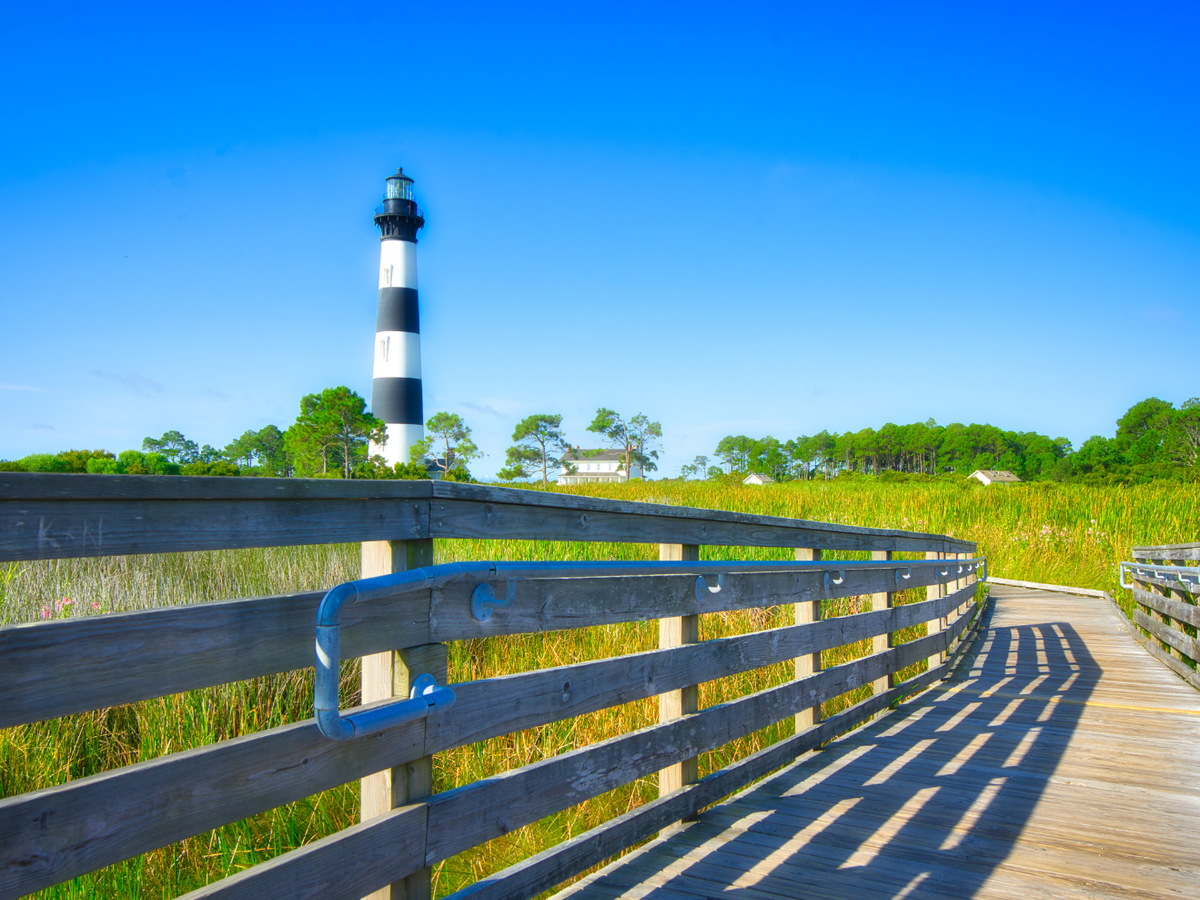 View of lighthouse and bridge in the Outer Banks, NC