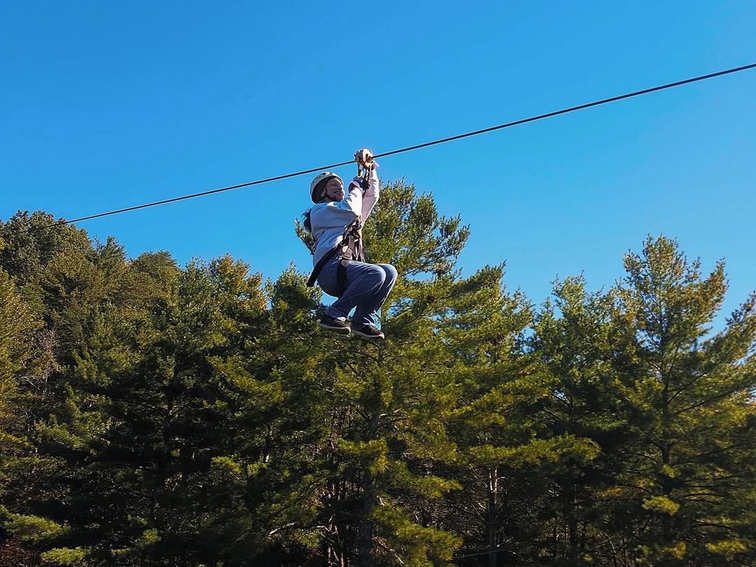 A person soars across a zipline above a forest of tall evergreens under a bright blue sky. The image captures the thrill and adventure of exploring the mountains from above.