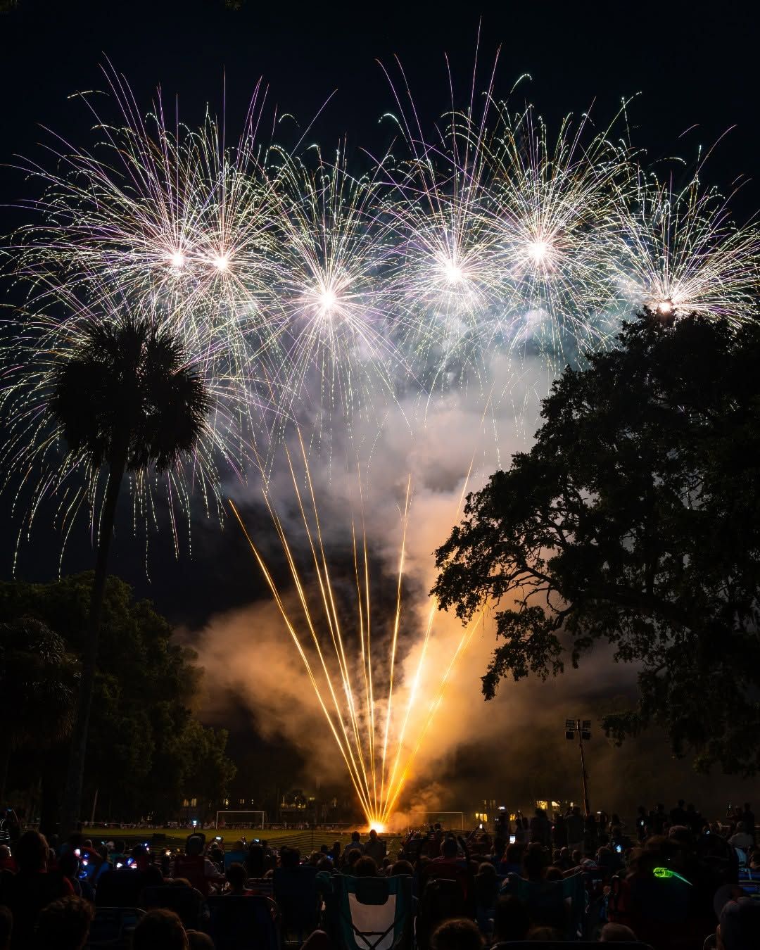 A spectacular New Year's Eve fireworks display at Kiawah Island Golf Resort launches golden streaks into the sky before bursting into white and purple blooms above silhouetted palmetto trees and live oaks, as a crowd watches from a grassy field below.