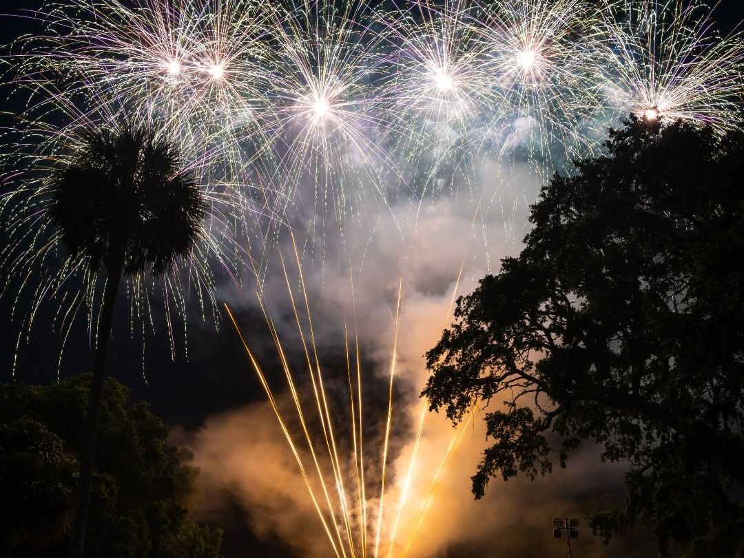 A spectacular New Year's Eve fireworks display at Kiawah Island Golf Resort launches golden streaks into the sky before bursting into white and purple blooms above silhouetted palmetto trees and live oaks, as a crowd watches from a grassy field below.
