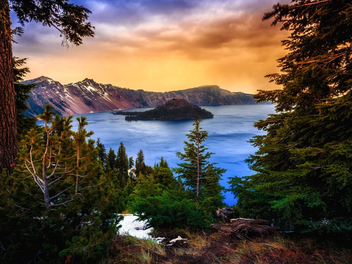 Tree Framed View of Crater Lake at Sunset in National Park