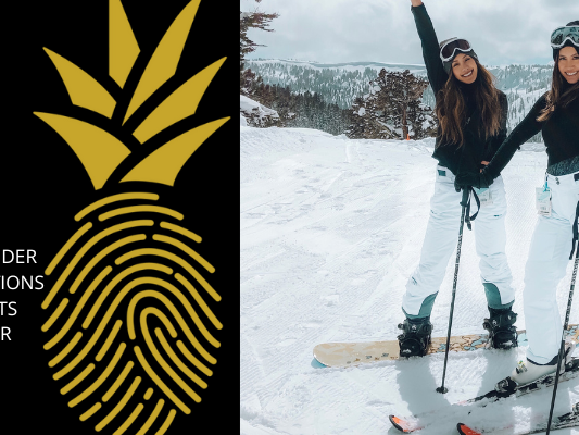 two women skiing on a mountain with text that reads: Skiers should consider the weather conditions and associated costs when planning their trips