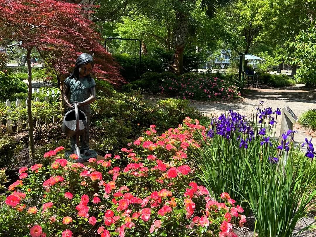 A charming brick pathway leads through a landscaped garden at Airlie Gardens, framed by flowers, benches, and a leafy archway. This peaceful spot is perfect for a relaxing walk while taking in the beauty of the gardens.