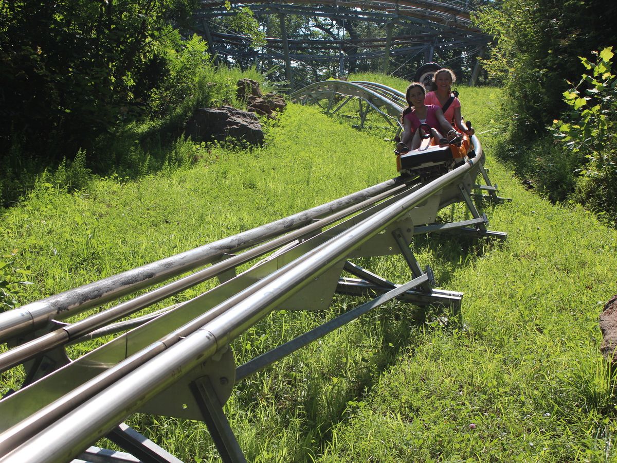 Two smiling riders glide through a green mountain trail on the Smoky Mountain Alpine Coaster. The track winds through the forest, offering a thrilling outdoor ride for families and adventure seekers.