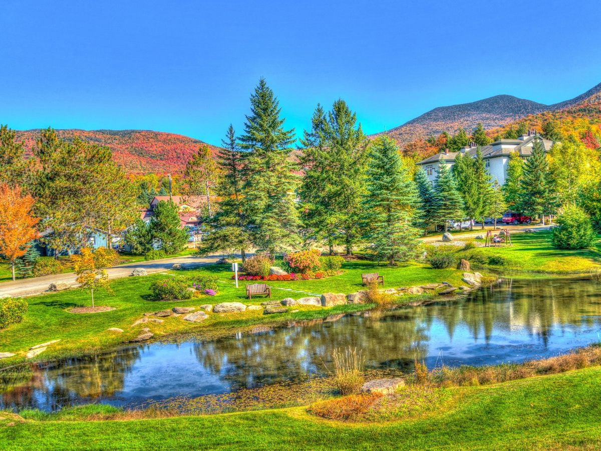 View of Small Lake and Fall Colors in Stowe, VT