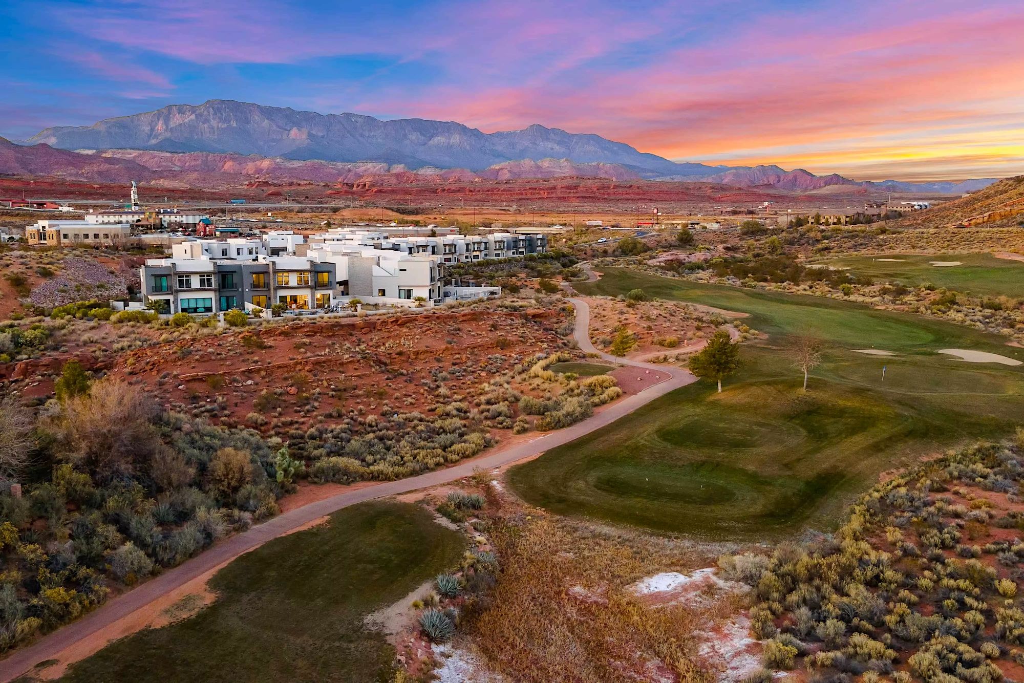 Aerial View of St. George Utah and Golf Course At Sunset
