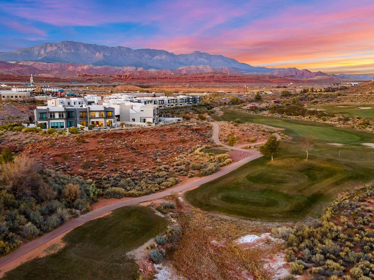 Aerial View of St. George Utah and Golf Course At Sunset