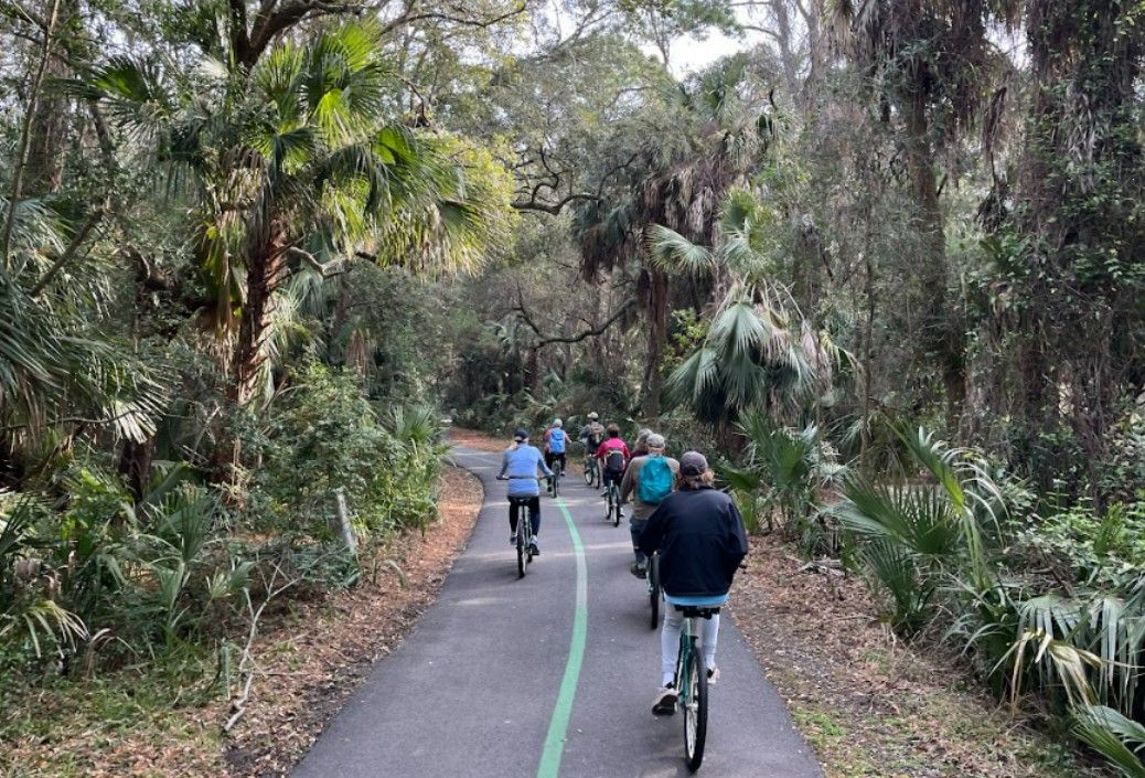 A group of cyclists rides along a shaded forest trail lined with tall palms and thick greenery. The quiet path curves gently ahead, creating a sense of adventure and calm. It’s a relaxed way to explore the island’s natural beauty.