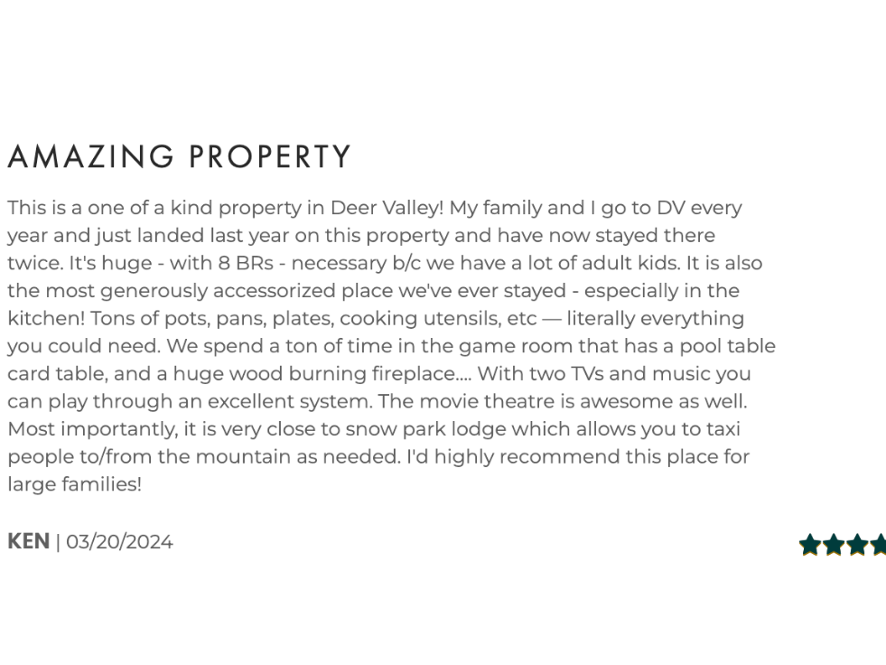 Review for Adobe at Buena Vista property talking about how amazing the property was with a well equipped kitchen and game room