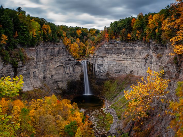 Aerial View of Taughannock Falls with Fall Colors in the Finger Lakes Region
