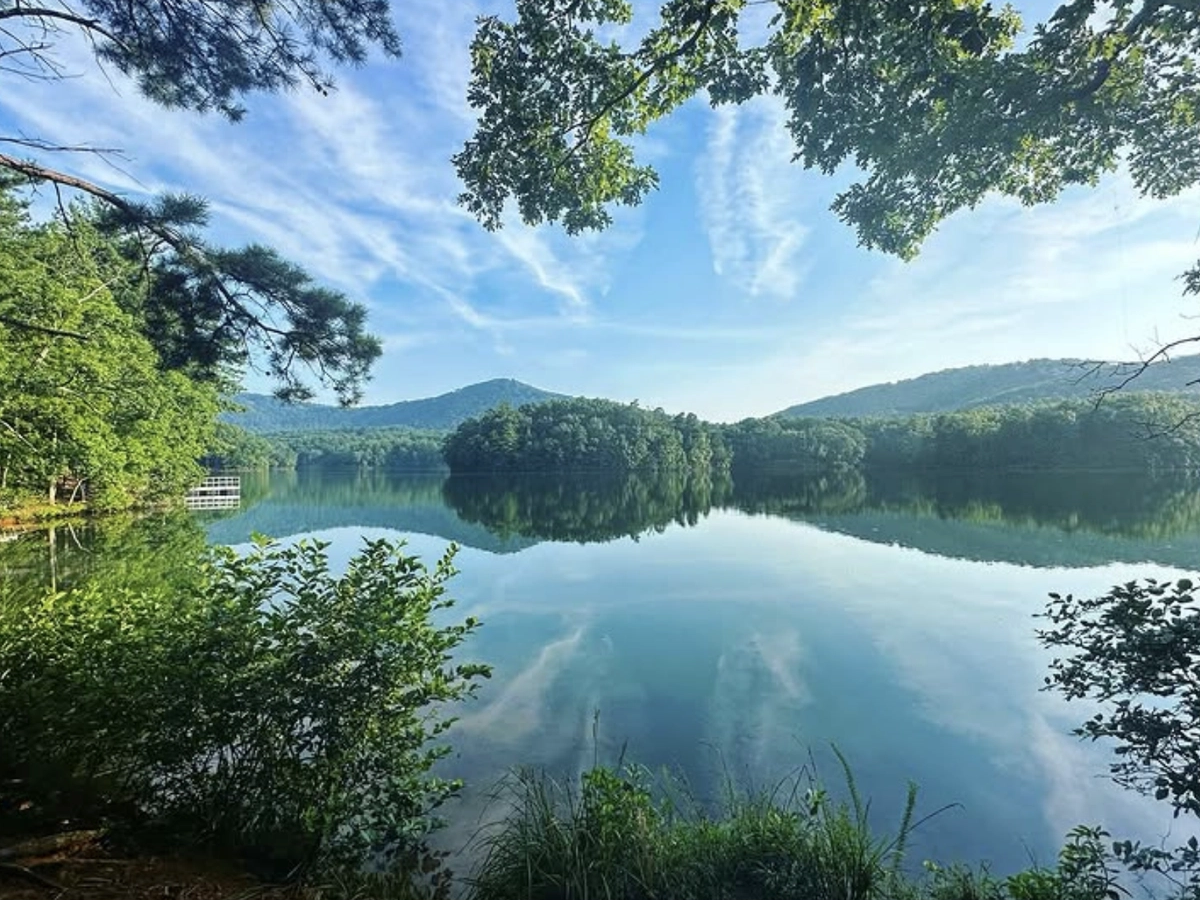 A serene mountain lake surrounded by lush green hills and trees, with a clear reflection of the sky and clouds on the still water.