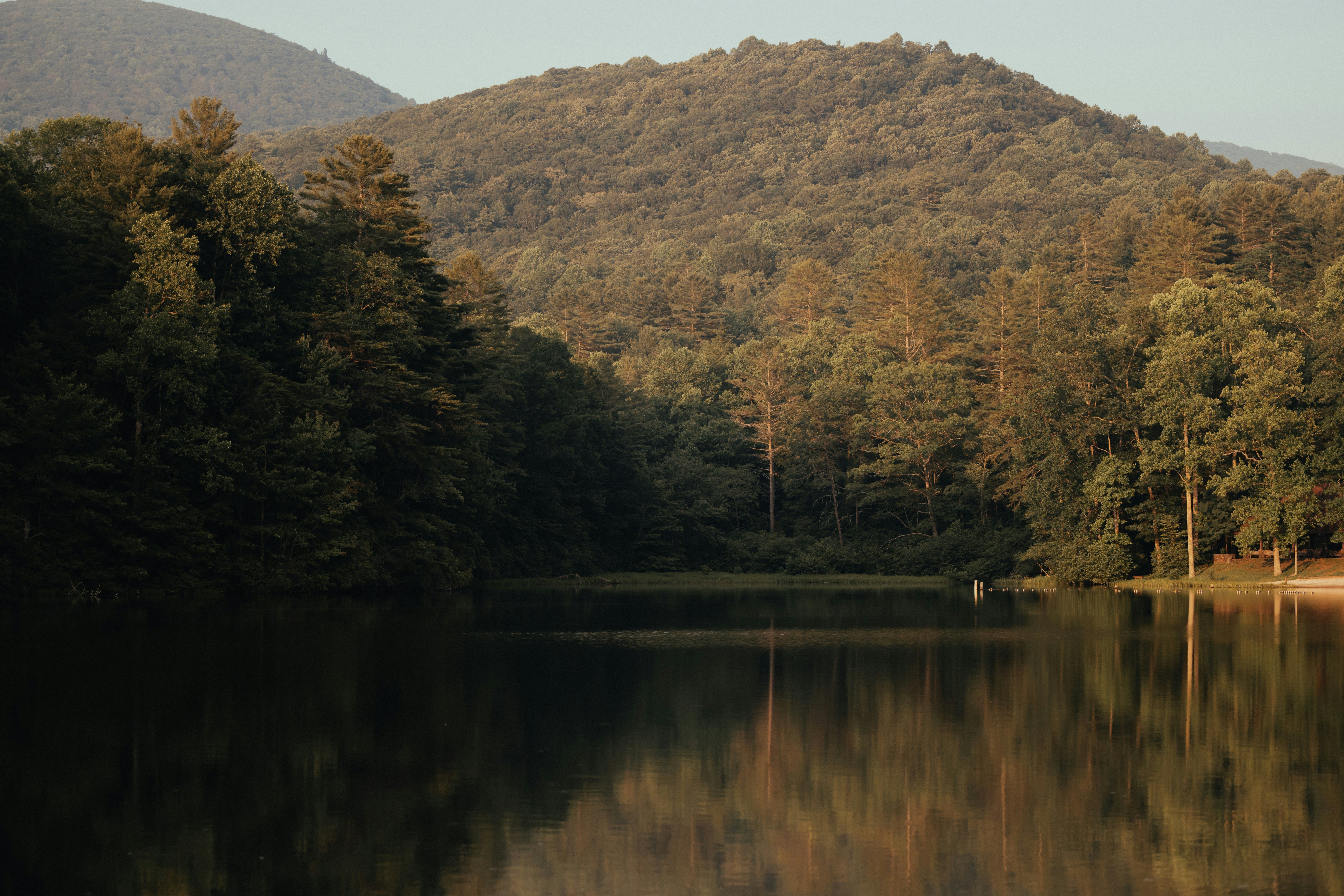 Peaceful view of a forested mountain reflected in a calm lake at golden hour in the Blue Ridge Mountains.
