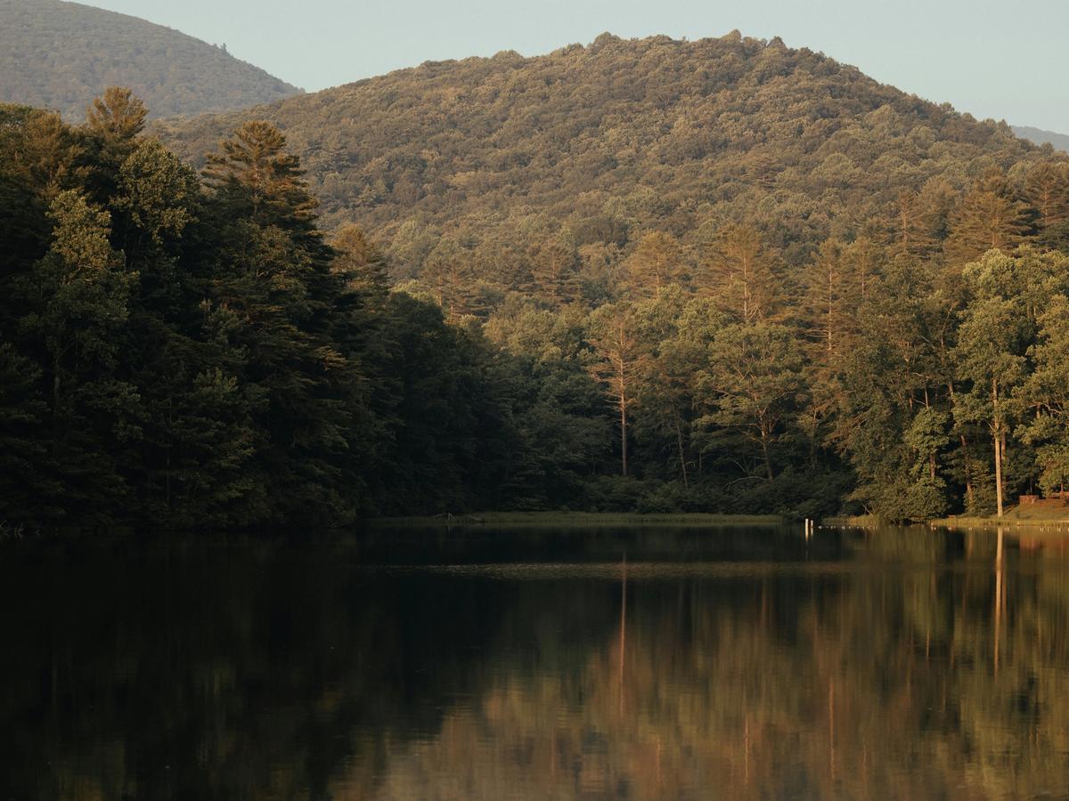 Peaceful view of a forested mountain reflected in a calm lake at golden hour in the Blue Ridge Mountains.