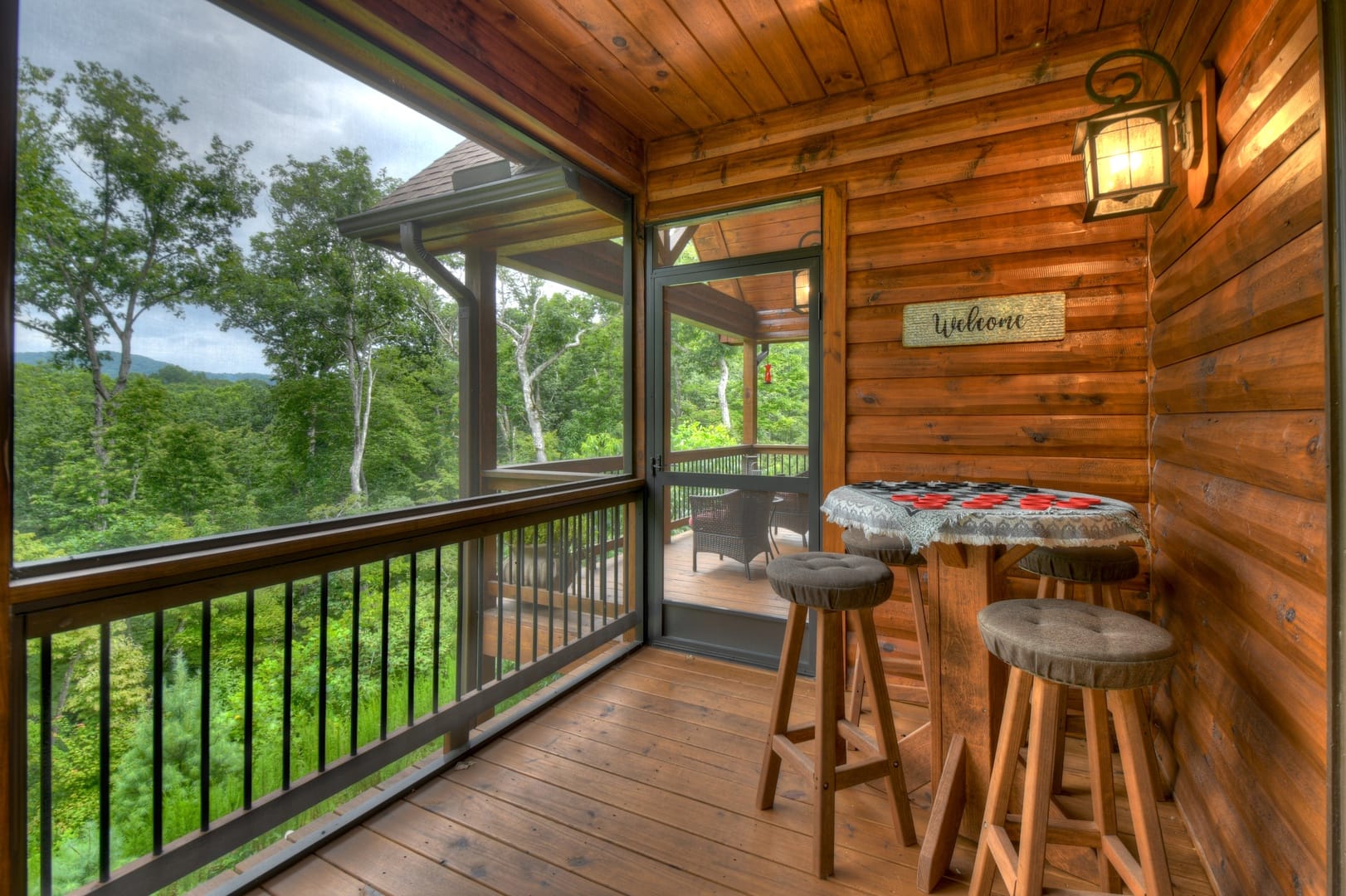 Private table for two with checkers game in the middle of them on screened-in porch