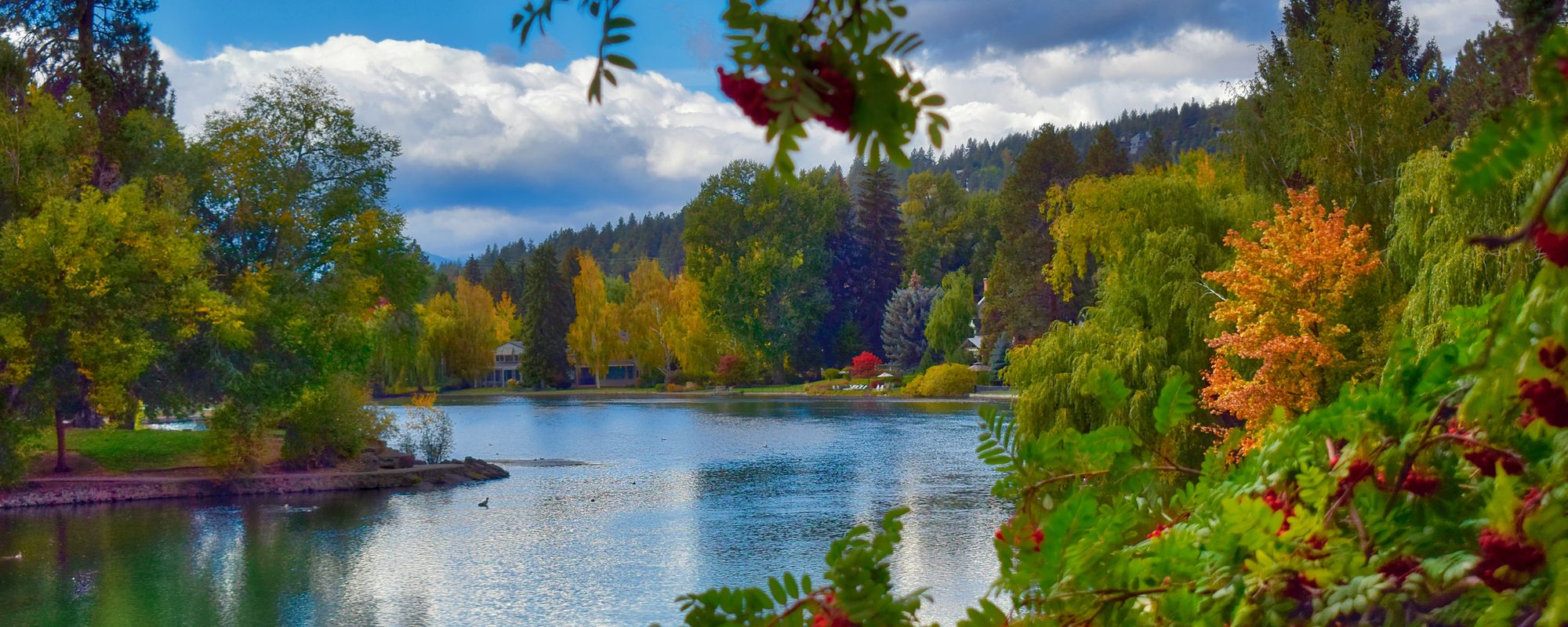 View of Mirror Pond in Bend Oregon with Autumn Colors