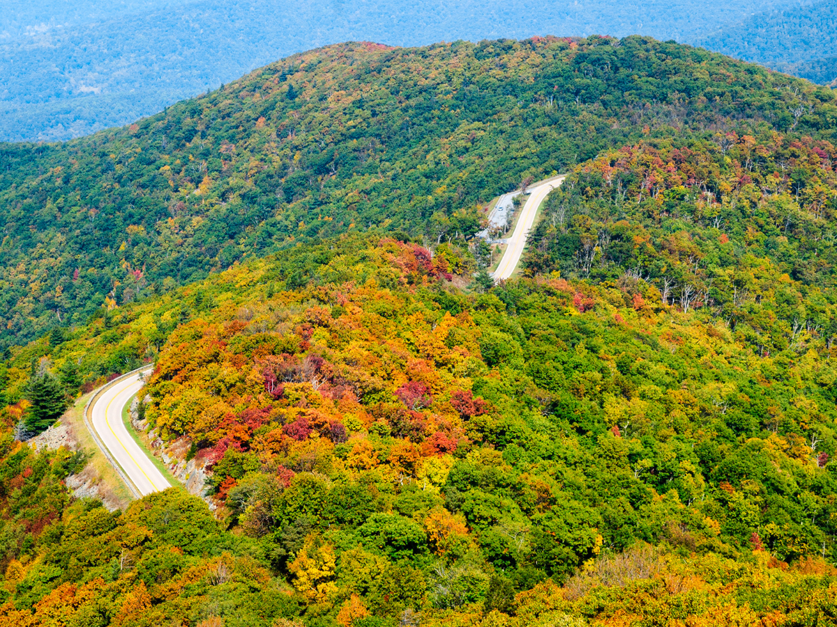 Aerial View of Mountaintop Road in Shenandoah National Park in the Fall