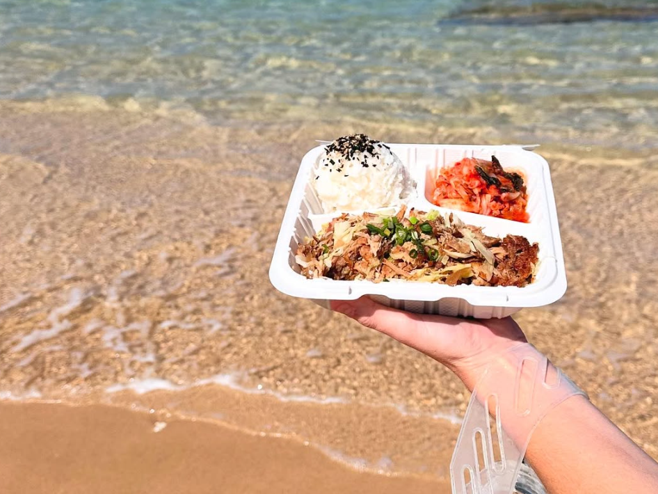 Hand holding plate of poke, rice, and delicious hawaiian food with ocean in background