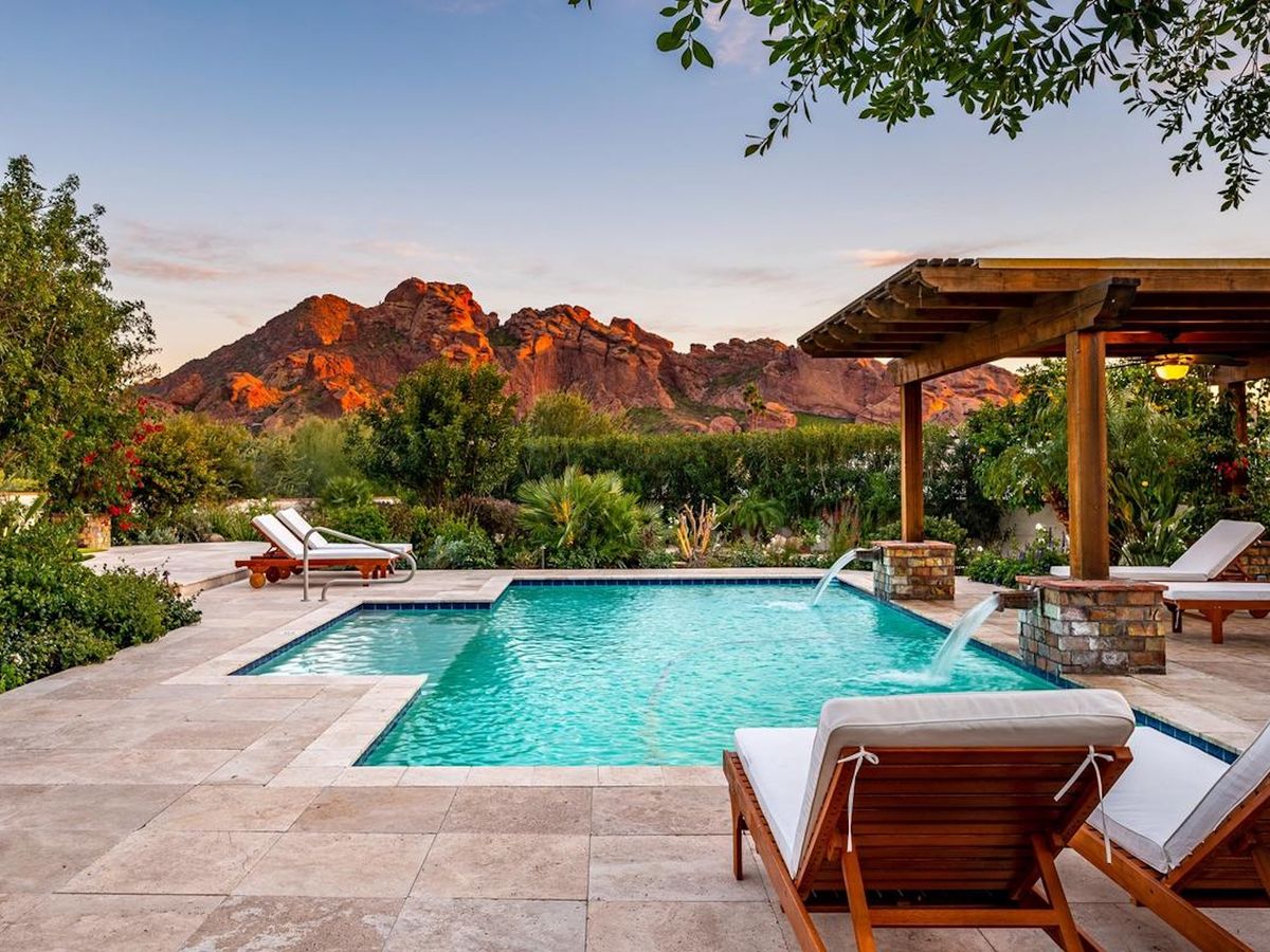 View of Luxury Scottsdale Vacation Rental Backyard with Pool and Desert Views