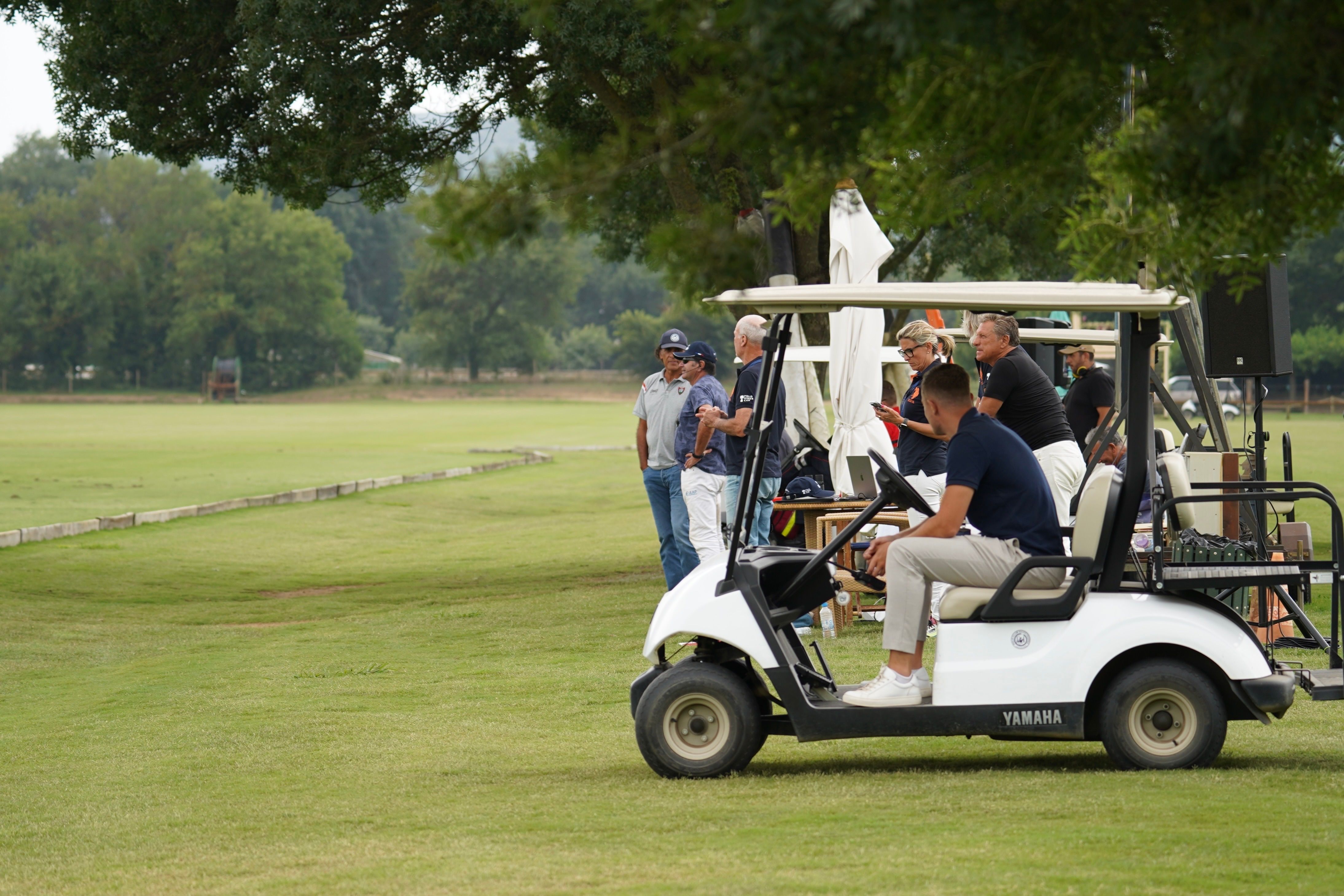A group of golfers gathers around a Yamaha golf cart on the fairway under a shady oak tree, chatting and coordinating their game plan during a group golf outing