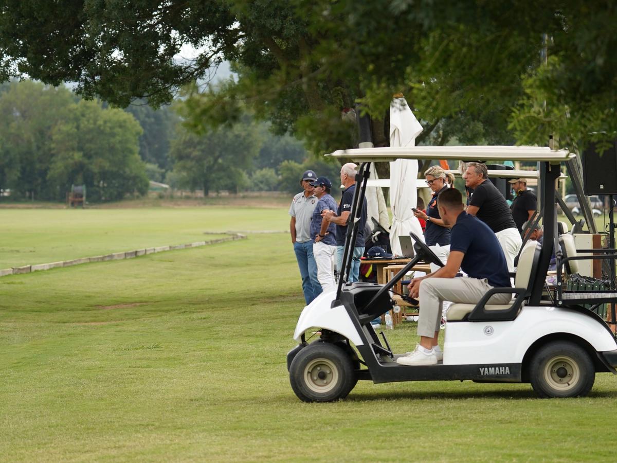 A group of golfers gathers around a Yamaha golf cart on the fairway under a shady oak tree, chatting and coordinating their game plan during a group golf outing