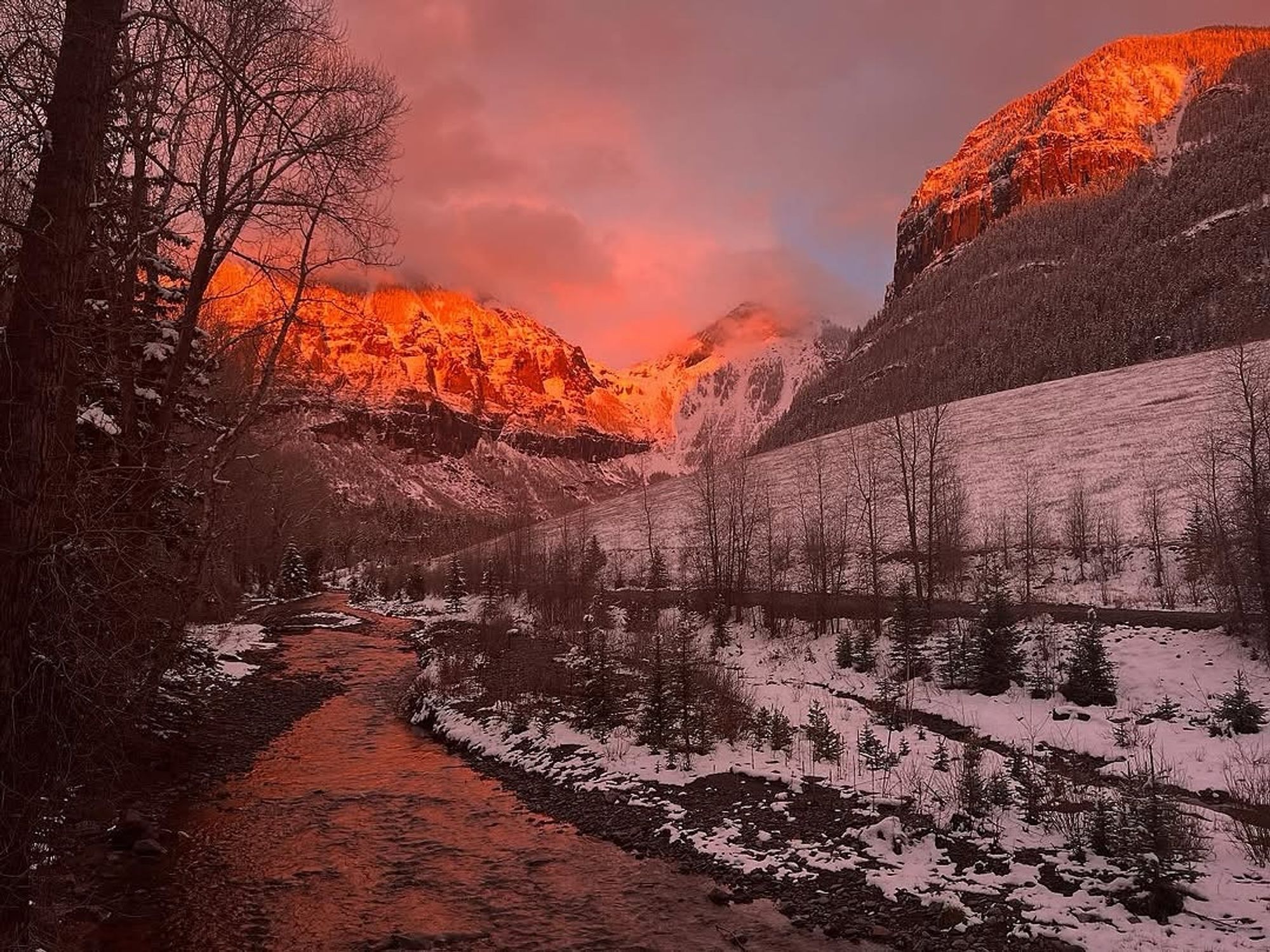 Snow-covered trees and a quiet river lead toward glowing red mountains during sunset in Telluride, Colorado. The winter landscape is peaceful and dramatic, perfect for nature lovers and photographers.