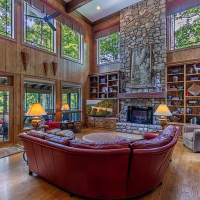 Open living room with fireplace.