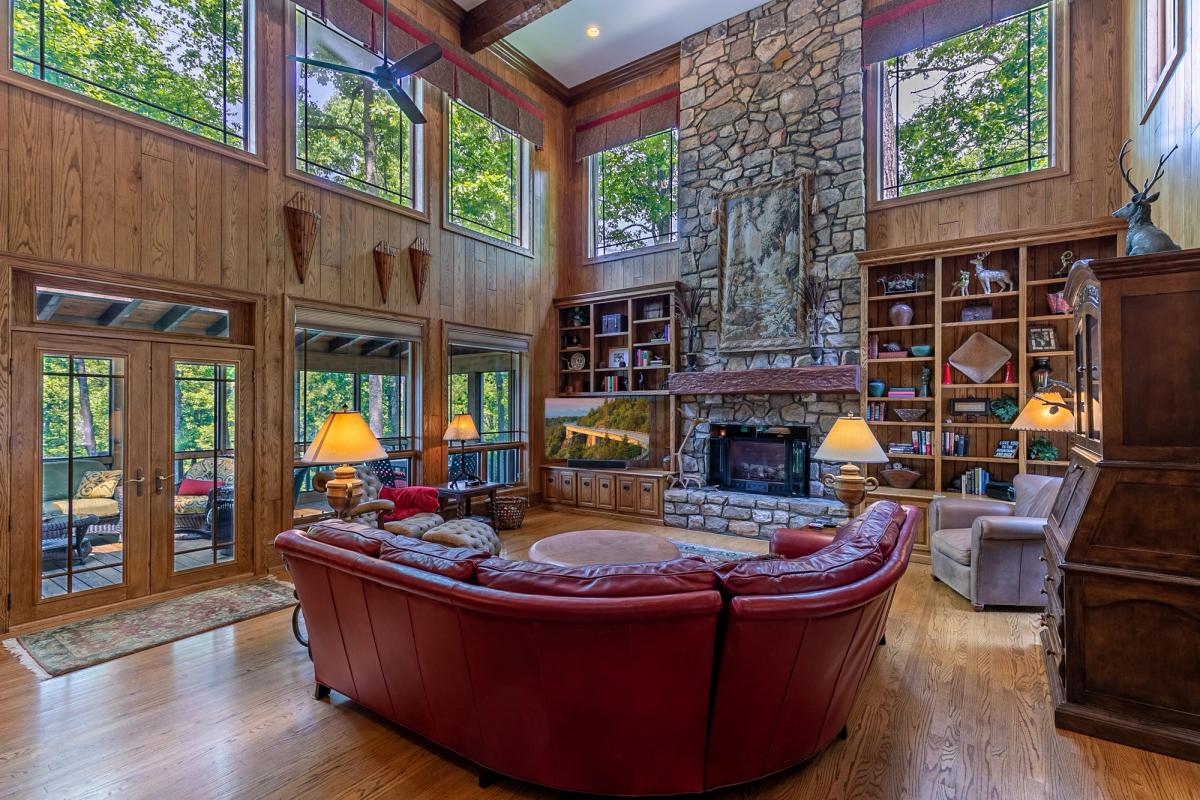 Open living room with fireplace.