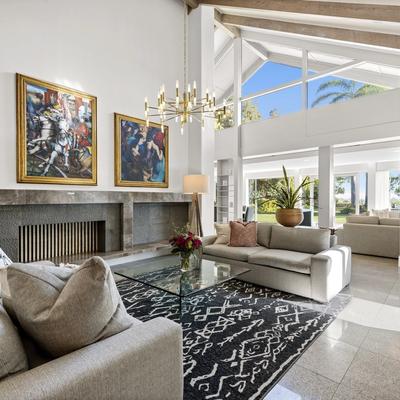 Modern living room with cathedral ceilings.
