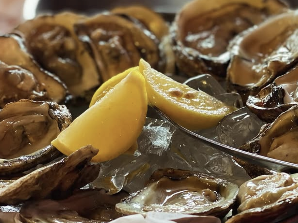 A close-up of freshly shucked oysters on the half shell served on ice, garnished with lemon wedges.