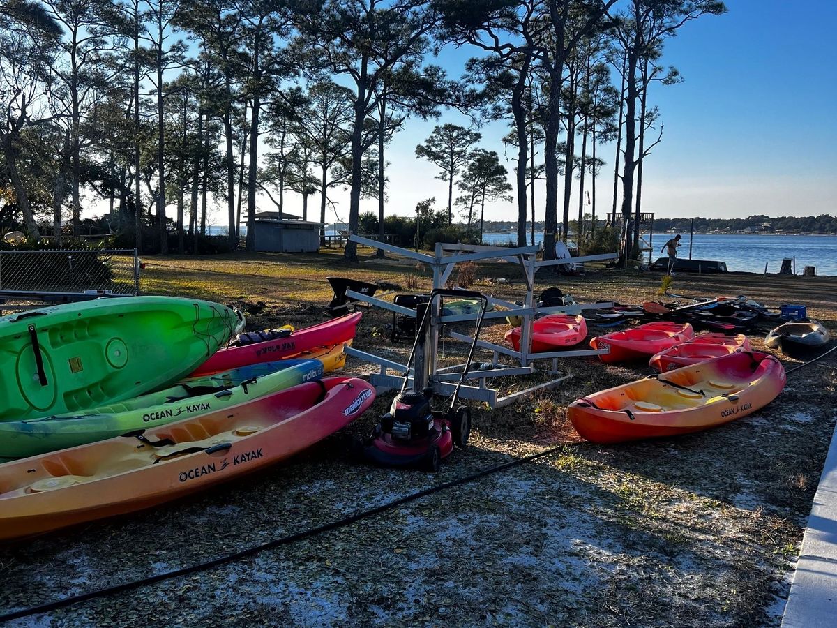 A colorful row of kayaks sits ready by the shoreline at Littleheads Kayak Rentals in Perdido Key, perfect for exploring the calm waters and scenic bay.