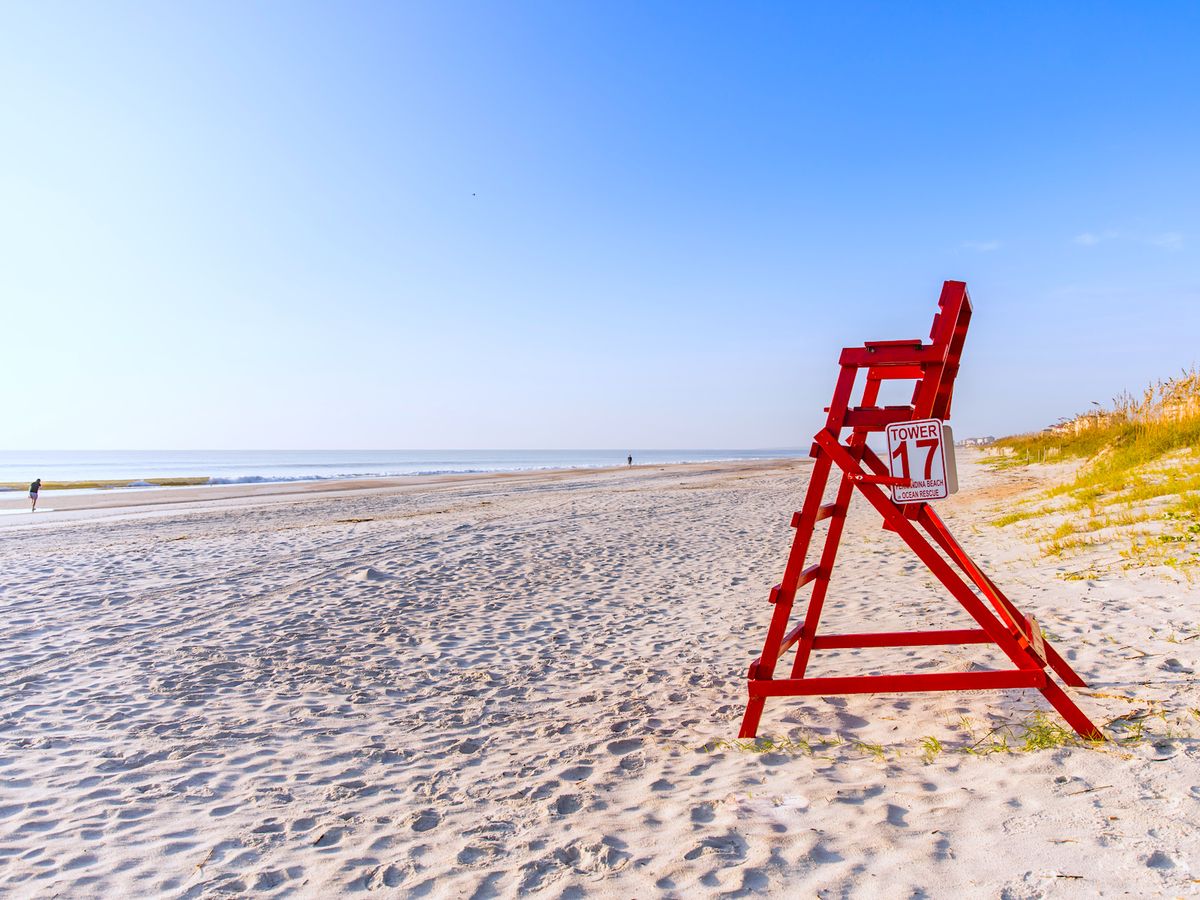 Red Lifeguard Chair on empty Amelia Island Florida Beach