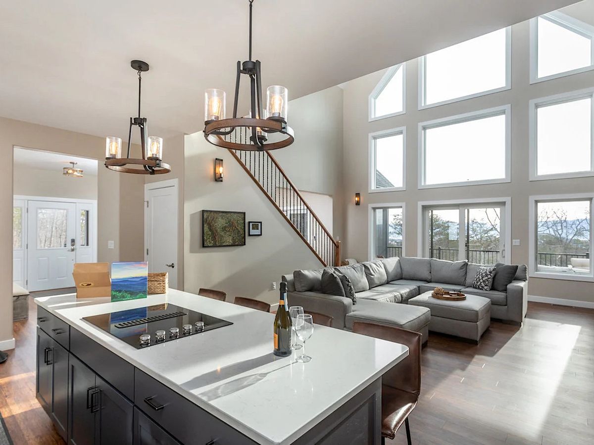 Living Room and Kitchen with Mountain View in Massanutten Luxury Vacation Rental