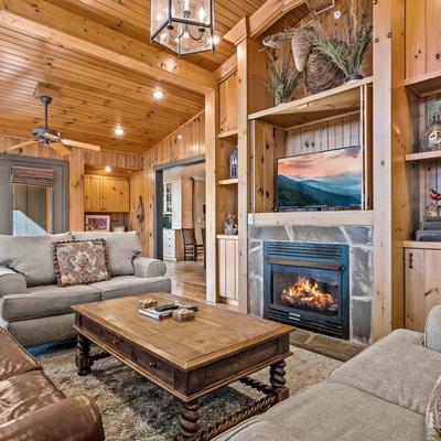 Cozy living room with a fireplace.