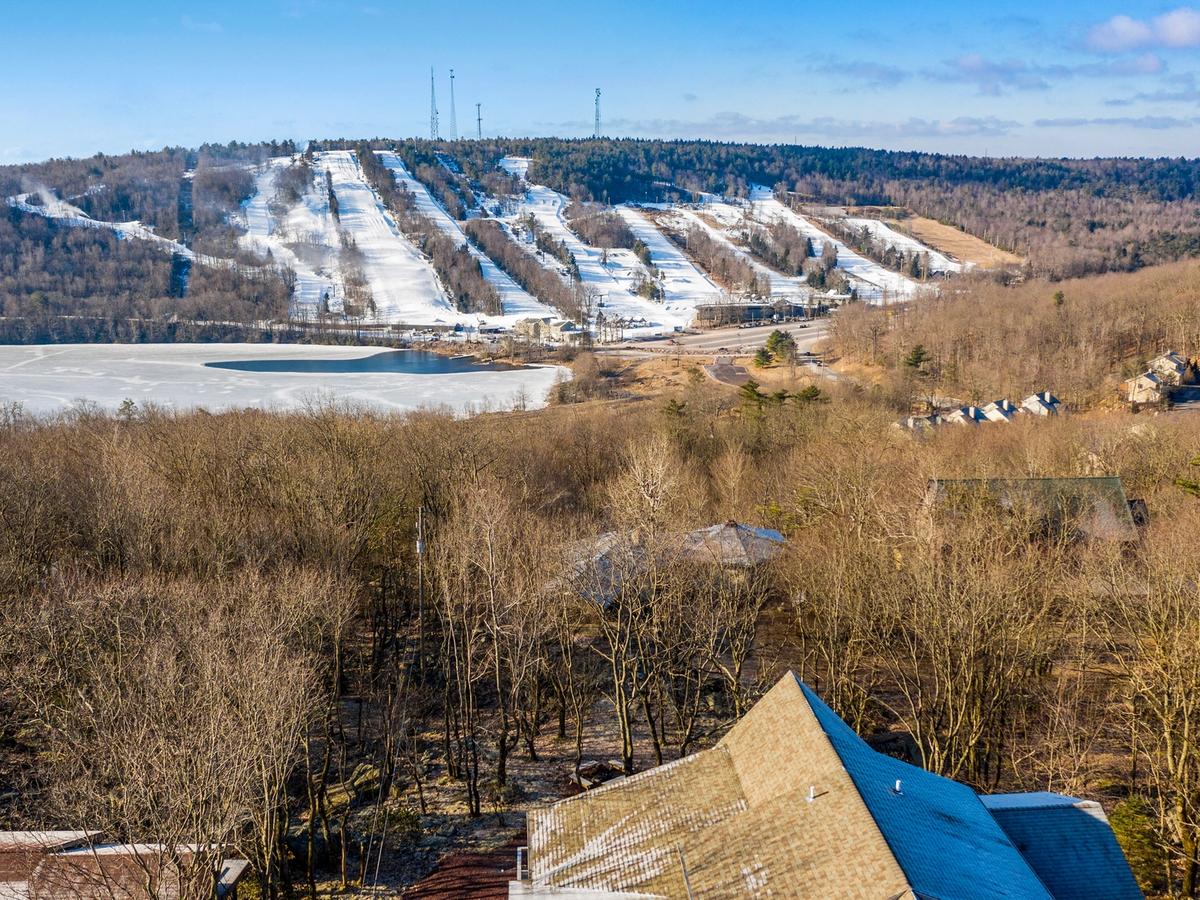 A ski resort with snow-covered trails lines the hillside across a frozen lake, surrounded by bare winter trees and scattered rooftops under a clear blue sky.
