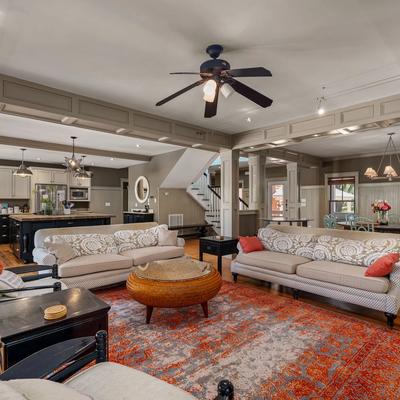 Open floor plan with living room and kitchen in an Outer Banks vacation rental home.