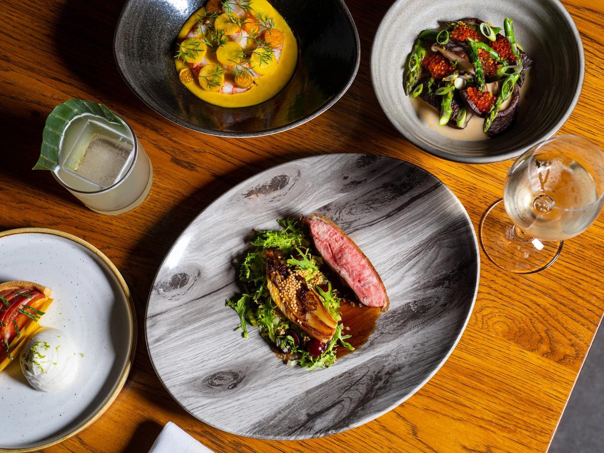 A table is filled with beautifully plated dishes, from seafood and steaks to bright seasonal sides and a craft cocktail. Each plate is styled with fresh herbs, sauces, and vibrant colors. It reflects the creative fine-dining experience Juniper & Ivy is known for.