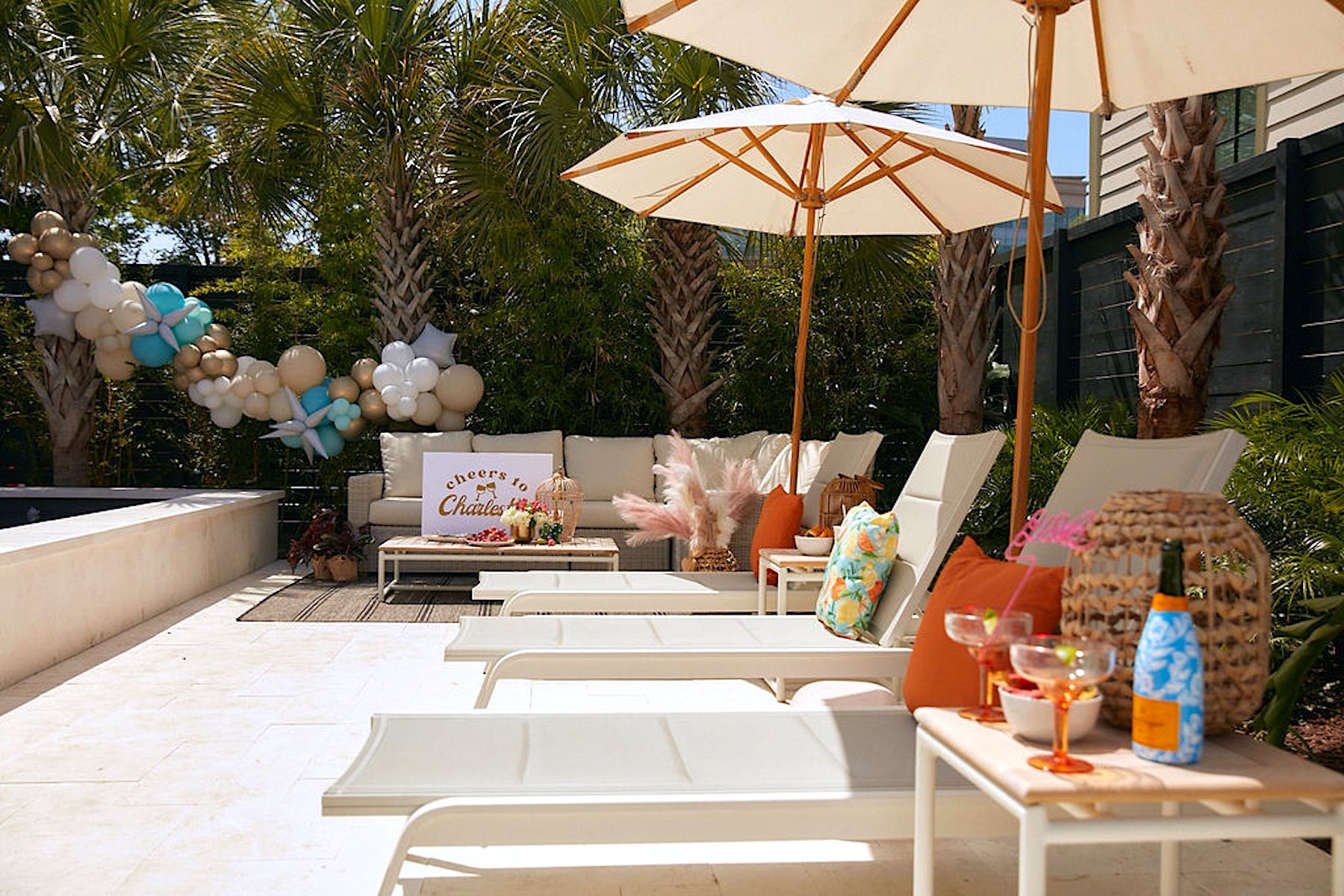 Luxury Charleston Vacation Rental Pool Area Decorated For Bachelorette Party