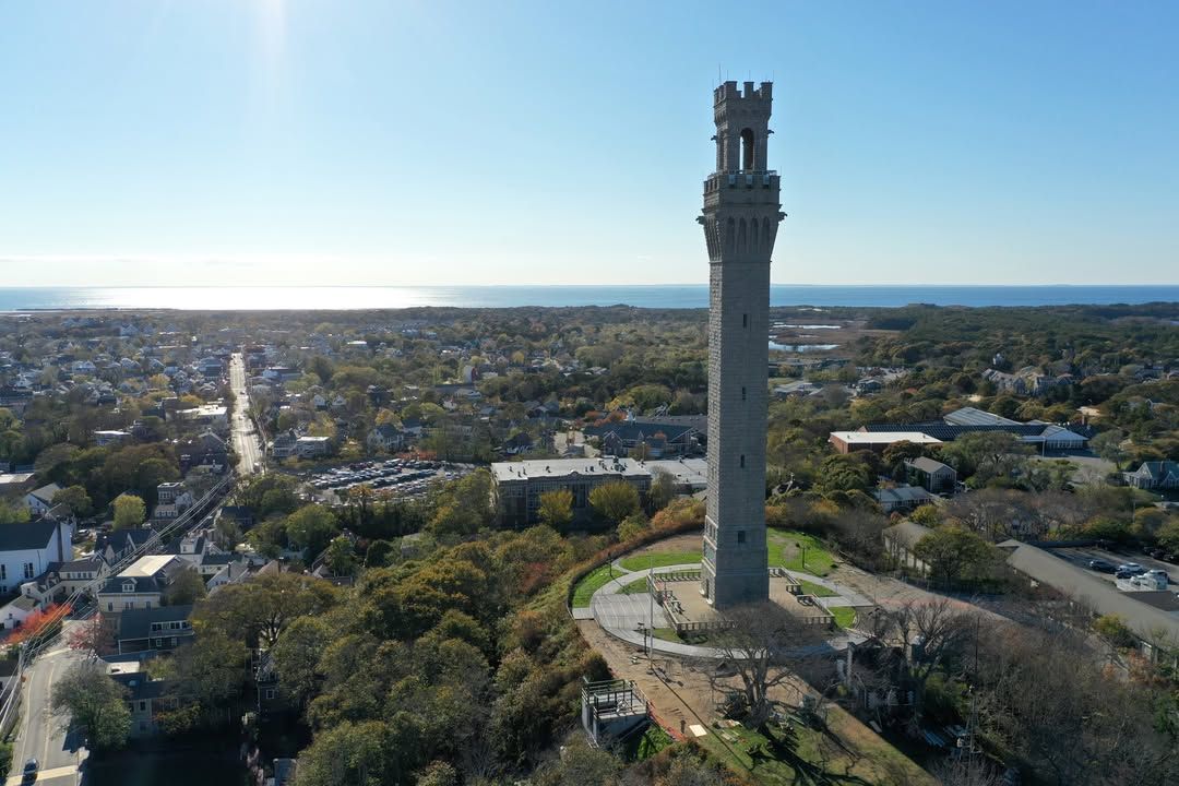The tall Pilgrim Monument rises above Provincetown, offering sweeping views of Cape Cod and the Atlantic Ocean. Visitors often climb the monument to see the historic town and coastline from above. It is one of the most recognizable landmarks in Cape Cod.