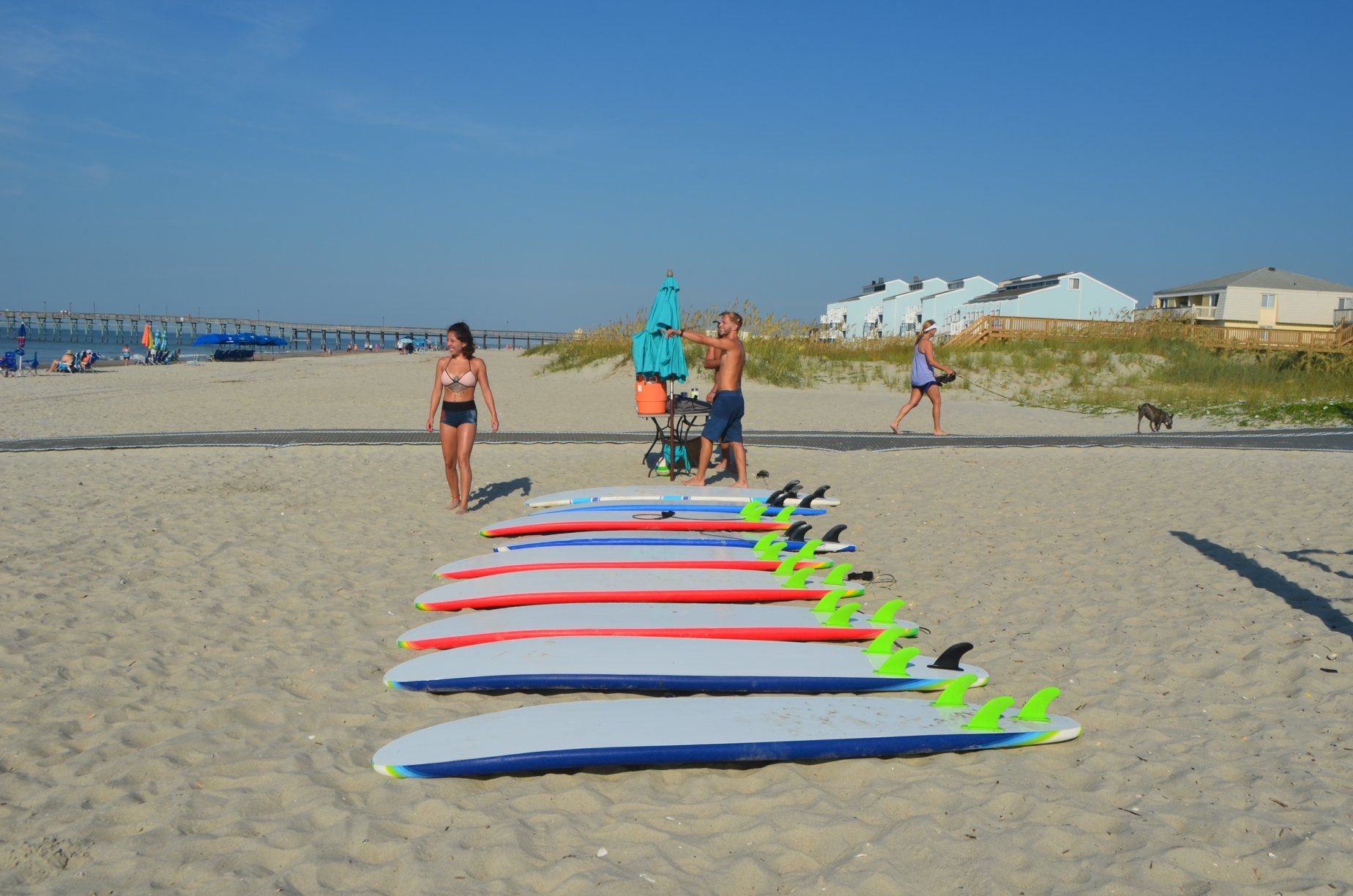 Surfboards are lined up on the sand at Carolina School of Surf, ready for a beach lesson. The bright boards and ocean setting make it a fun spot for beginners to learn.
