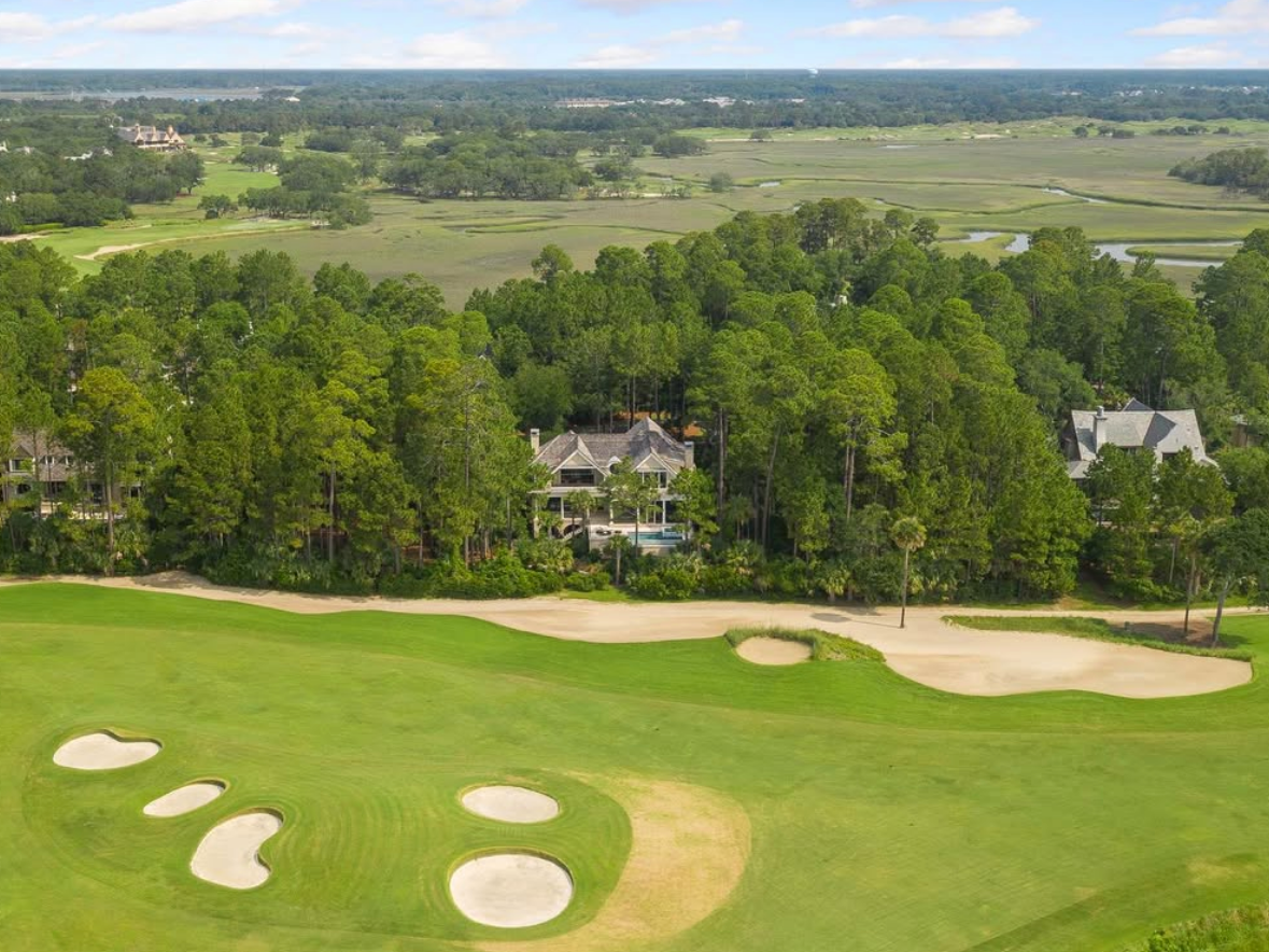 Aerial view of home on magnificent golf course in kiawah island