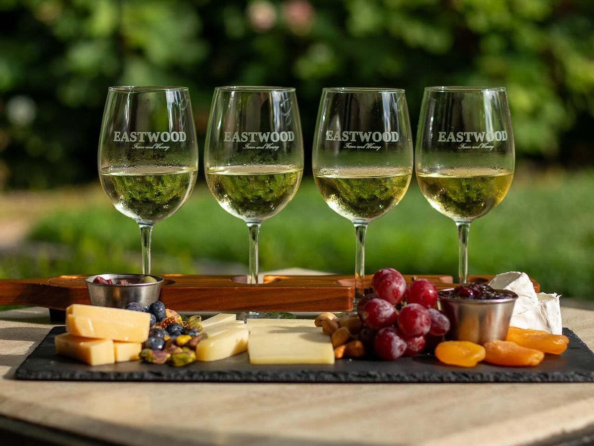 A bottle of Eastwood Merlot sits beside a fresh orange slice and a ruby-red cocktail on a wooden table surrounded by green leaves. This cozy outdoor setup captures the farm’s relaxed charm and Virginia’s local wine craftsmanship.