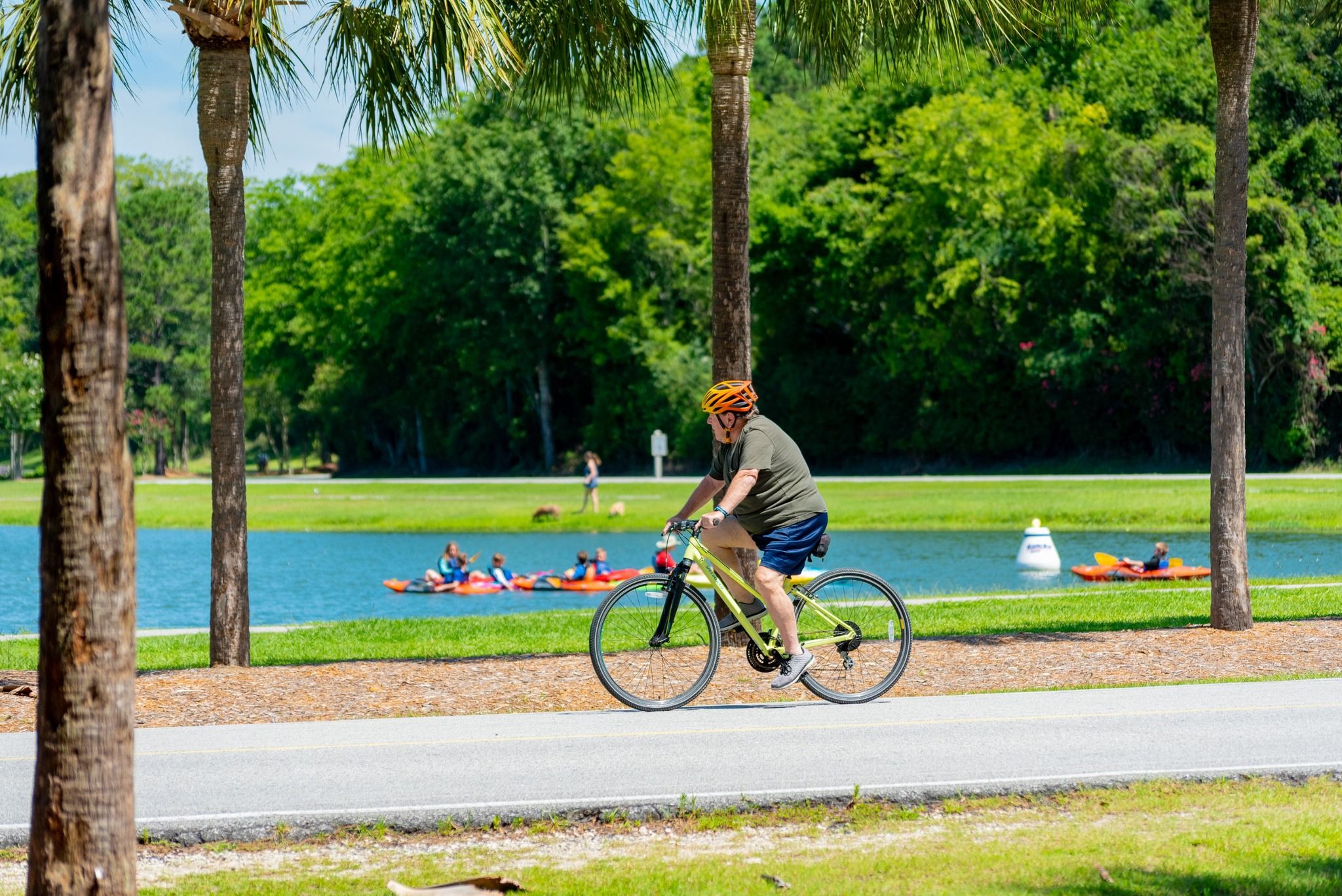 A cyclist riding along Marsh Island Park Trail beside calm water and palm trees. This scenic trail is great for biking, walking, and enjoying the peaceful outdoor setting.